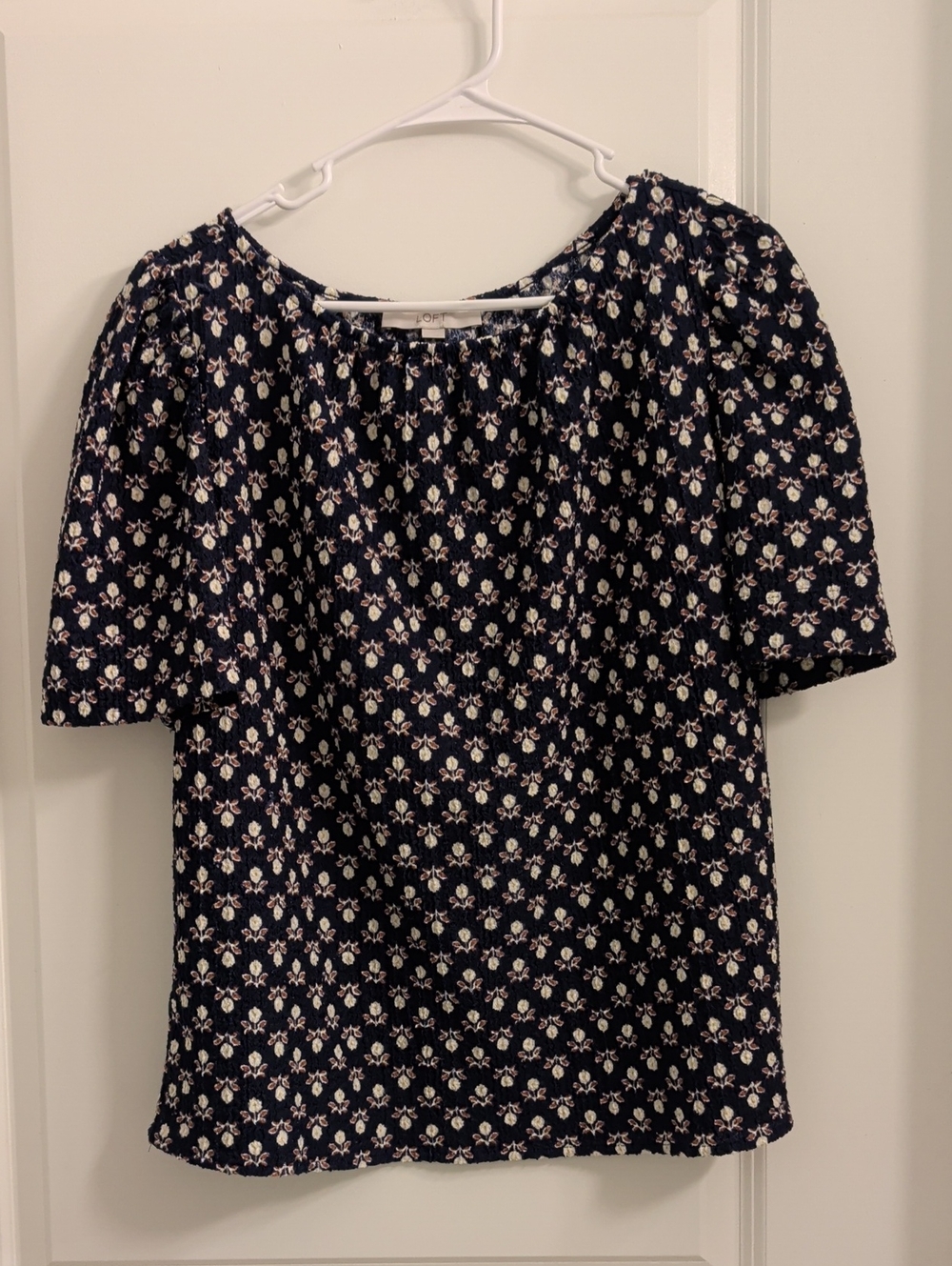 LOFT Navy Floral Puff-Sleeve Blouse